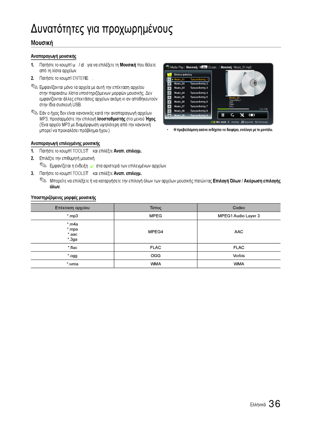 Samsung LT19C300EW/EN Μουσική, Αναπαραγωγή μουσικής, Αναπαραγωγή επιλεγμένης μουσικής, Υποστηριζόμενες μορφές μουσικής 