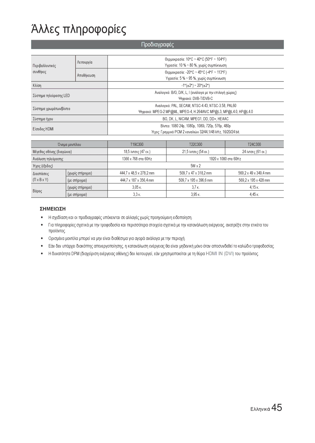 Samsung LT24C300EW/EN manual Λειτουργία, Περιβαλλοντικές, Συνθήκες Αποθήκευση, Κλίση, Σύστημα τηλεόρασης LED, Σύστημα ήχου 