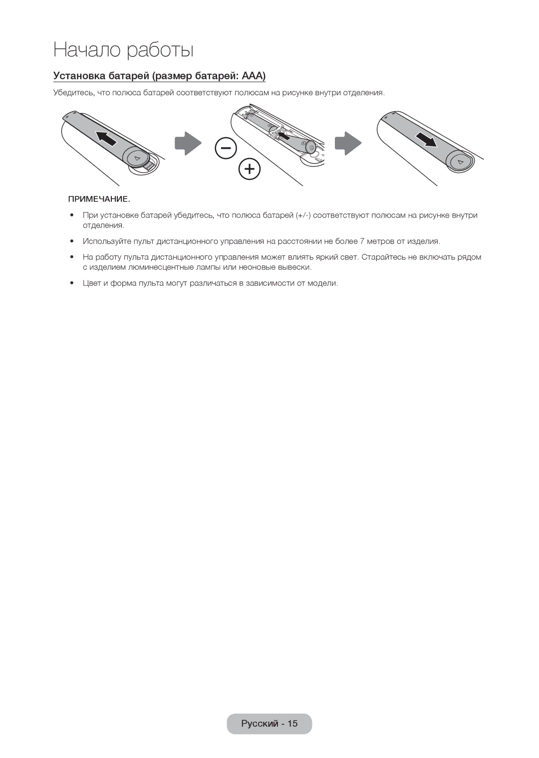 Samsung LT19C350EXQ/RU, LT22C350EX/CI, LT22C350EXQ/RU manual Установка батарей размер батарей AAA, Примечание 