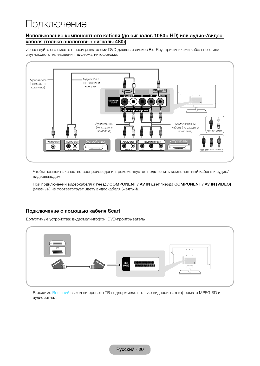 Samsung LT22C350EXQ/RU manual Подключение с помощью кабеля Scart, Допустимые устройства видеомагнитофон, DVD-проигрыватель 