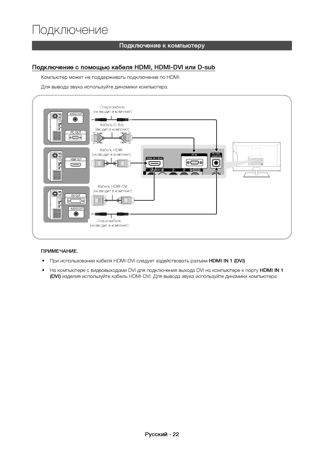 Samsung LT22C350EX/CI, LT19C350EXQ/RU manual Подключение к компьютеру, Подключение с помощью кабеля HDMI, HDMI-DVI или D-sub 