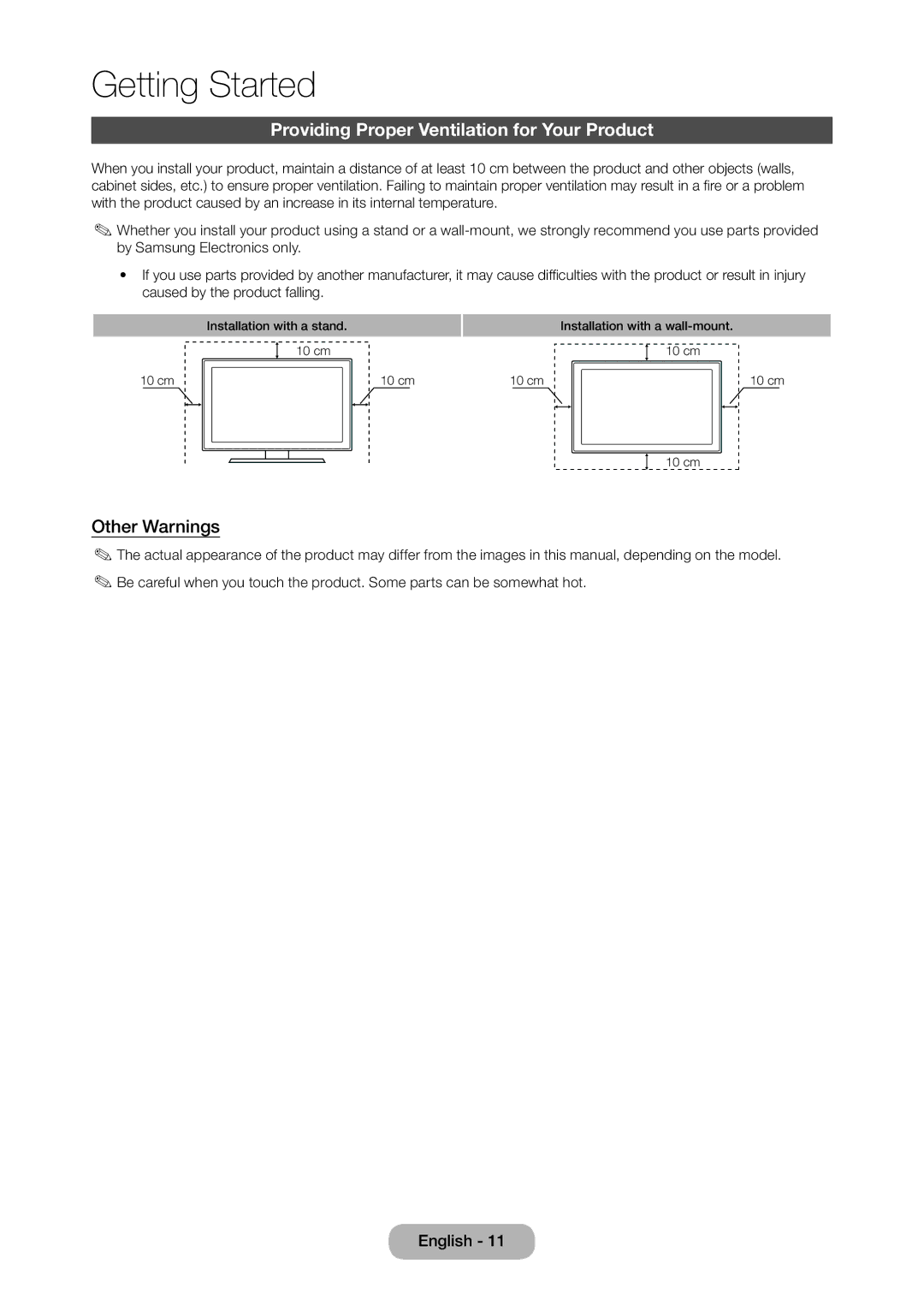 Samsung LT22C350EXQ/RU, LT19C350EXQ/RU, LT22C350EX/CI manual Providing Proper Ventilation for Your Product, Other Warnings 