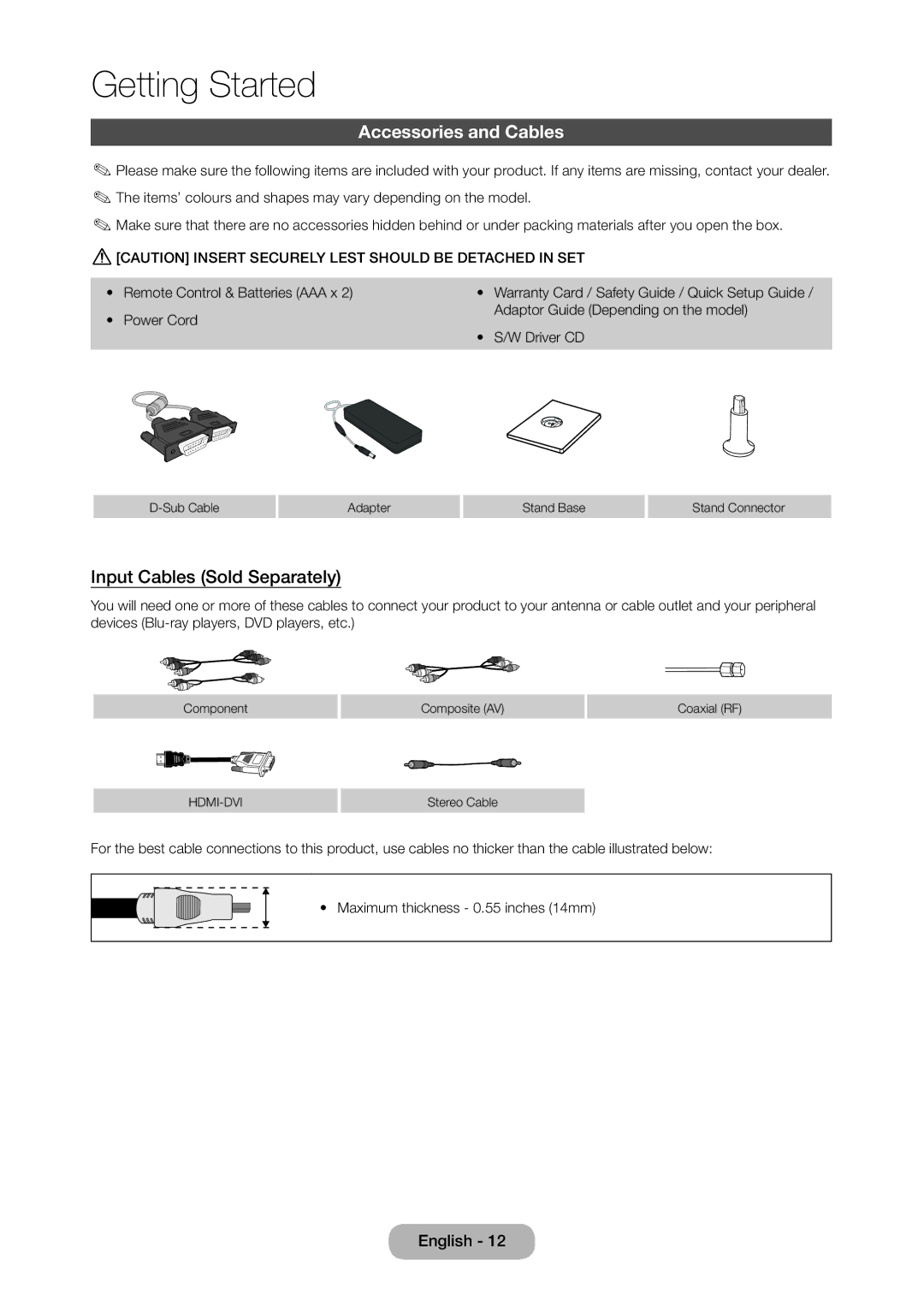 Samsung LT19C350EXQ/RU, LT22C350EX/CI, LT22C350EXQ/RU manual Accessories and Cables, Input Cables Sold Separately 