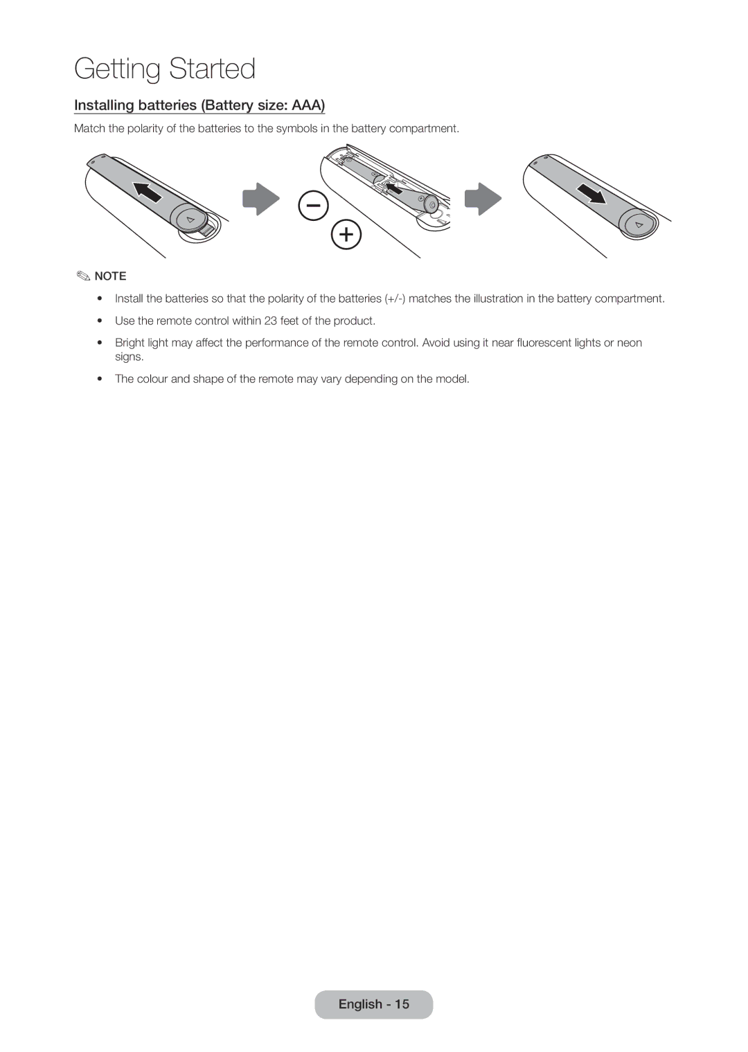 Samsung LT19C350EXQ/RU, LT22C350EX/CI, LT22C350EXQ/RU manual Installing batteries Battery size AAA 