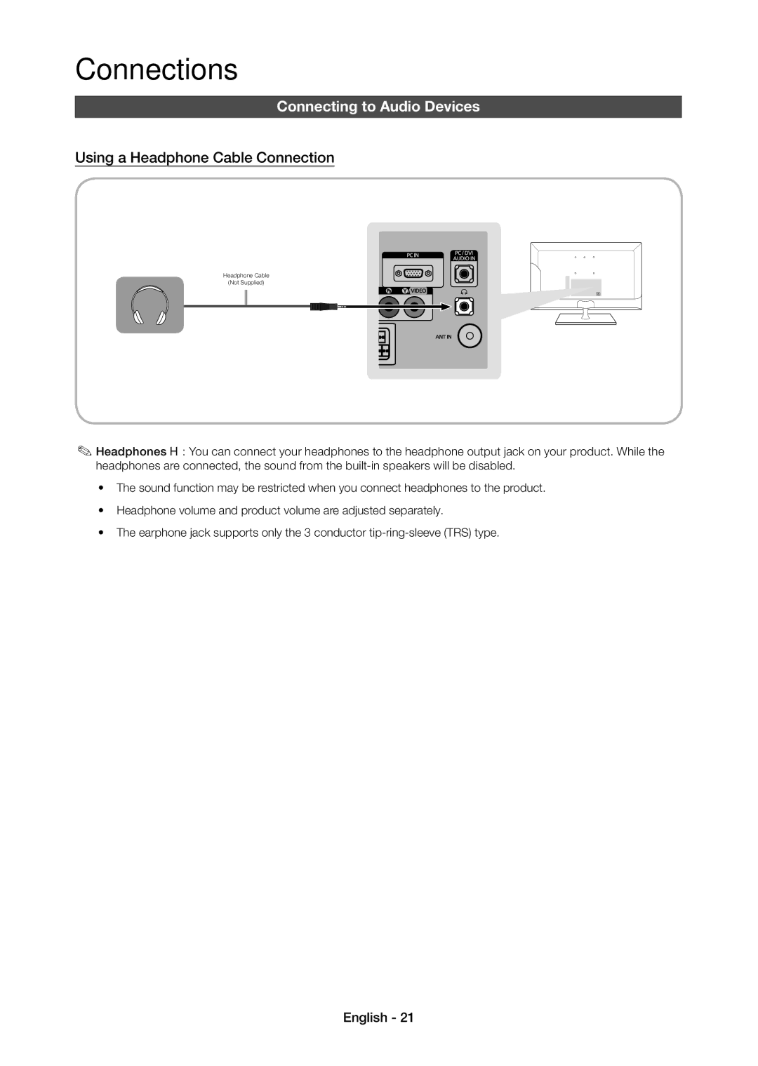 Samsung LT19C350EXQ/RU, LT22C350EX/CI, LT22C350EXQ/RU manual Connecting to Audio Devices, Using a Headphone Cable Connection 