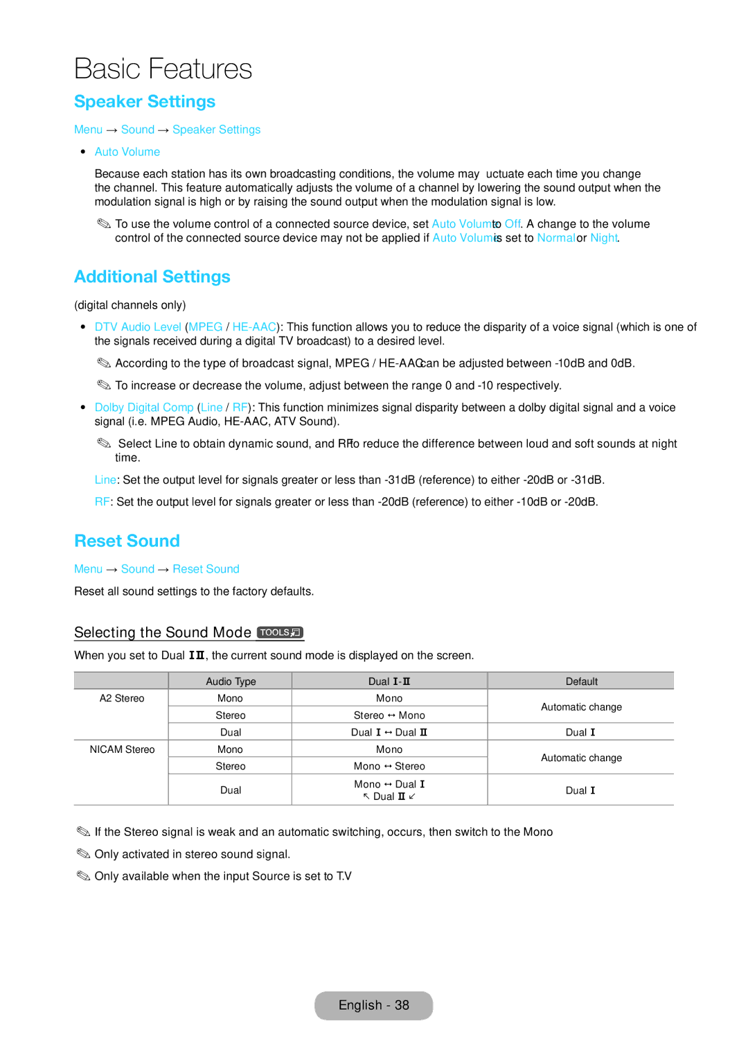 Samsung LT22C350EXQ/RU, LT19C350EXQ/RU manual Speaker Settings, Additional Settings, Reset Sound, Selecting the Sound Mode t 