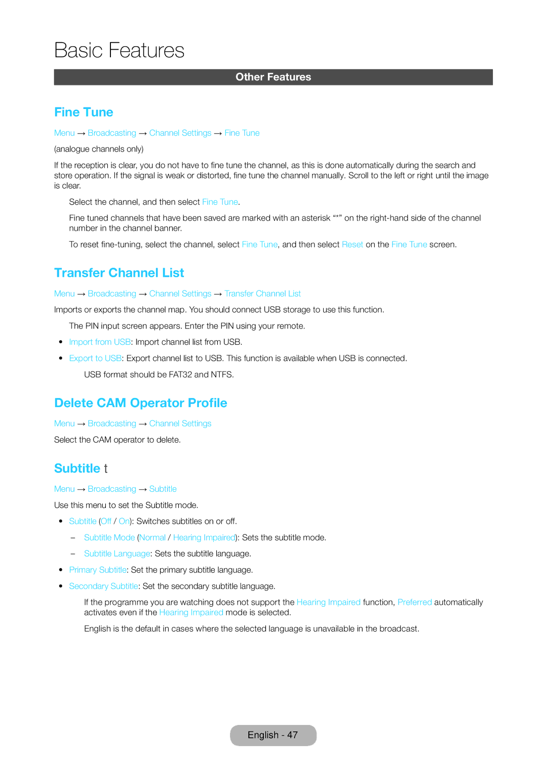 Samsung LT22C350EXQ/RU manual Fine Tune, Transfer Channel List, Delete CAM Operator Profile, Subtitle t, Other Features 