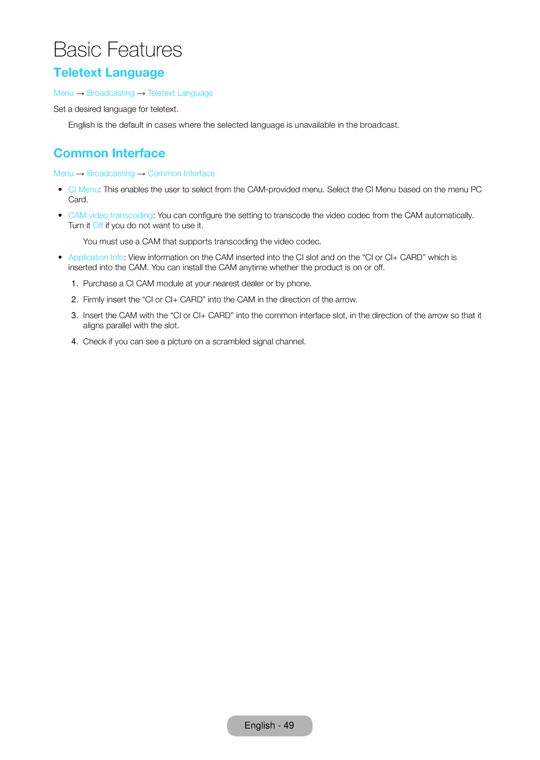 Samsung LT22C350EX/CI, LT19C350EXQ/RU, LT22C350EXQ/RU manual Teletext Language, Menu → Broadcasting → Common Interface 