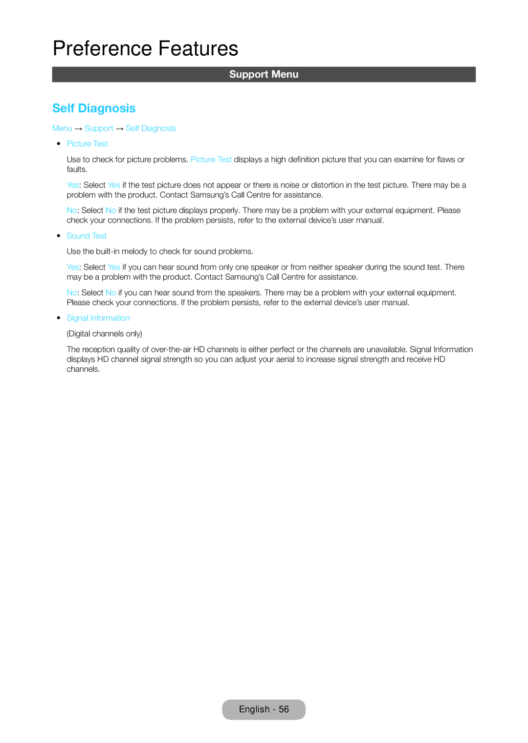Samsung LT22C350EXQ/RU, LT19C350EXQ/RU manual Support Menu, Menu → Support → Self Diagnosis Picture Test, Sound Test 