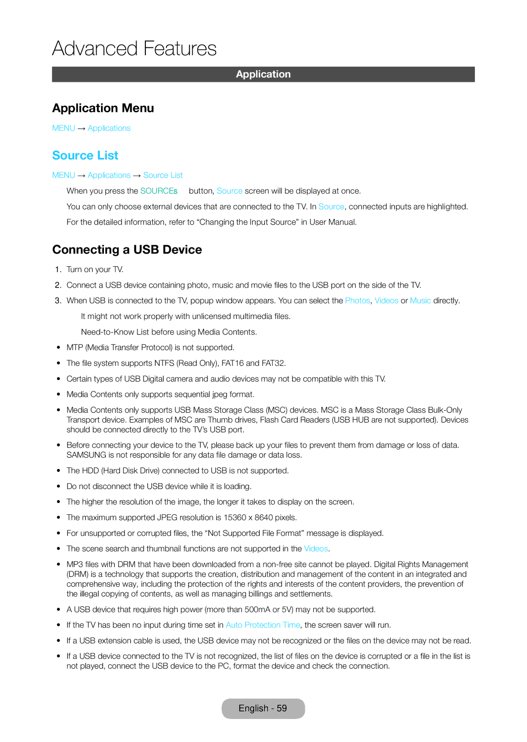 Samsung LT22C350EXQ/RU, LT19C350EXQ/RU, LT22C350EX/CI manual Application Menu, Source List, Connecting a USB Device 