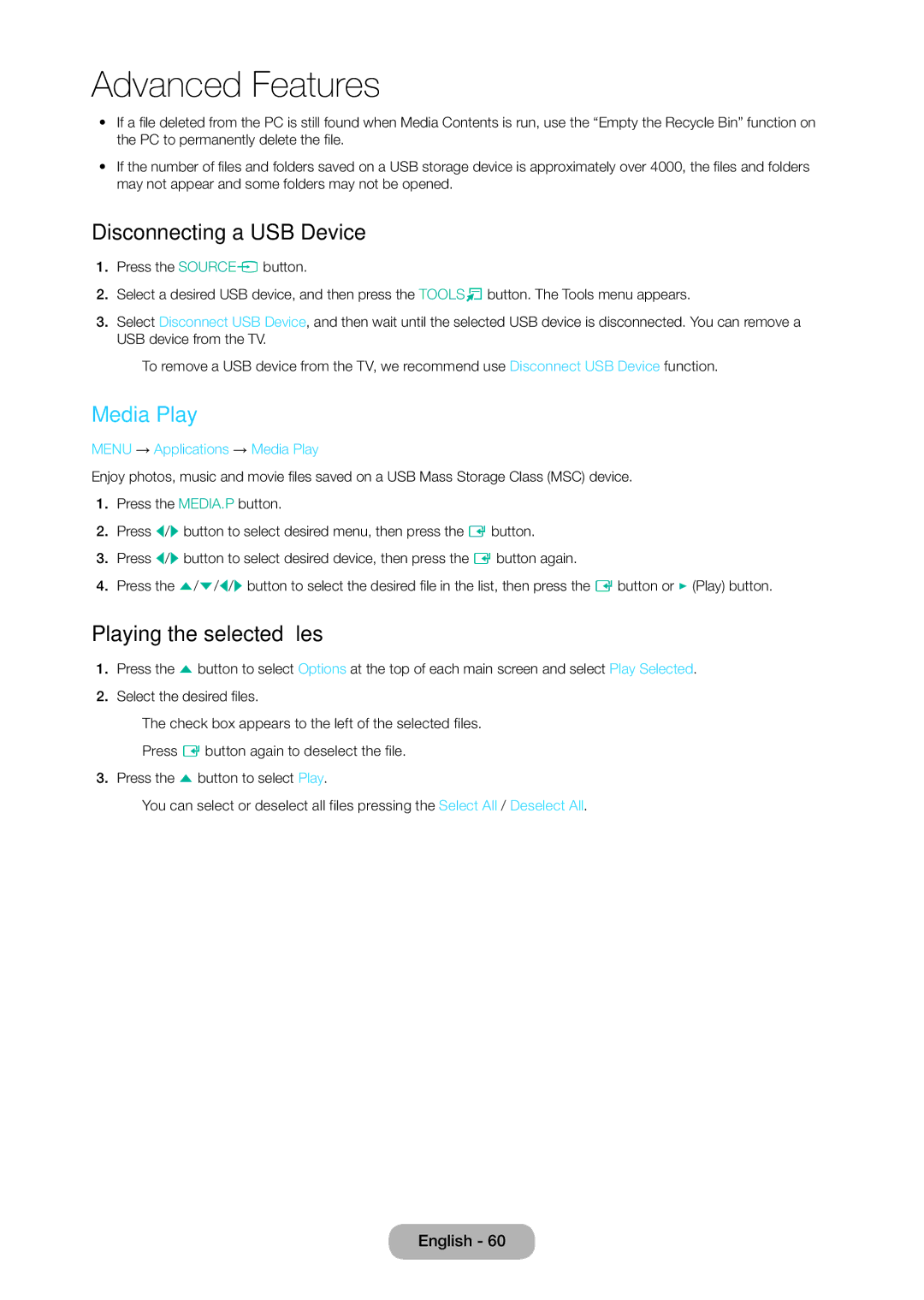 Samsung LT19C350EXQ/RU, LT22C350EX/CI, LT22C350EXQ/RU Disconnecting a USB Device, Media Play, Playing the selected files 