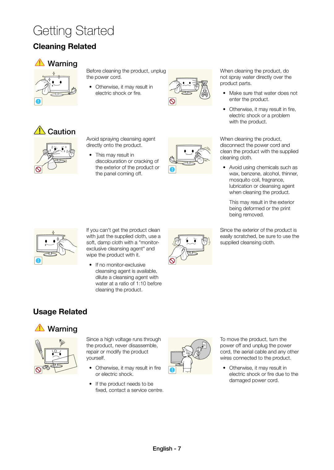 Samsung LT22C350EX/CI, LT19C350EXQ/RU, LT22C350EXQ/RU manual Cleaning Related, Usage Related 