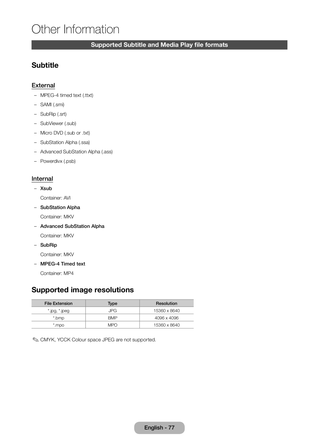 Samsung LT22C350EXQ/RU Supported image resolutions, Supported Subtitle and Media Play file formats, External, Internal 