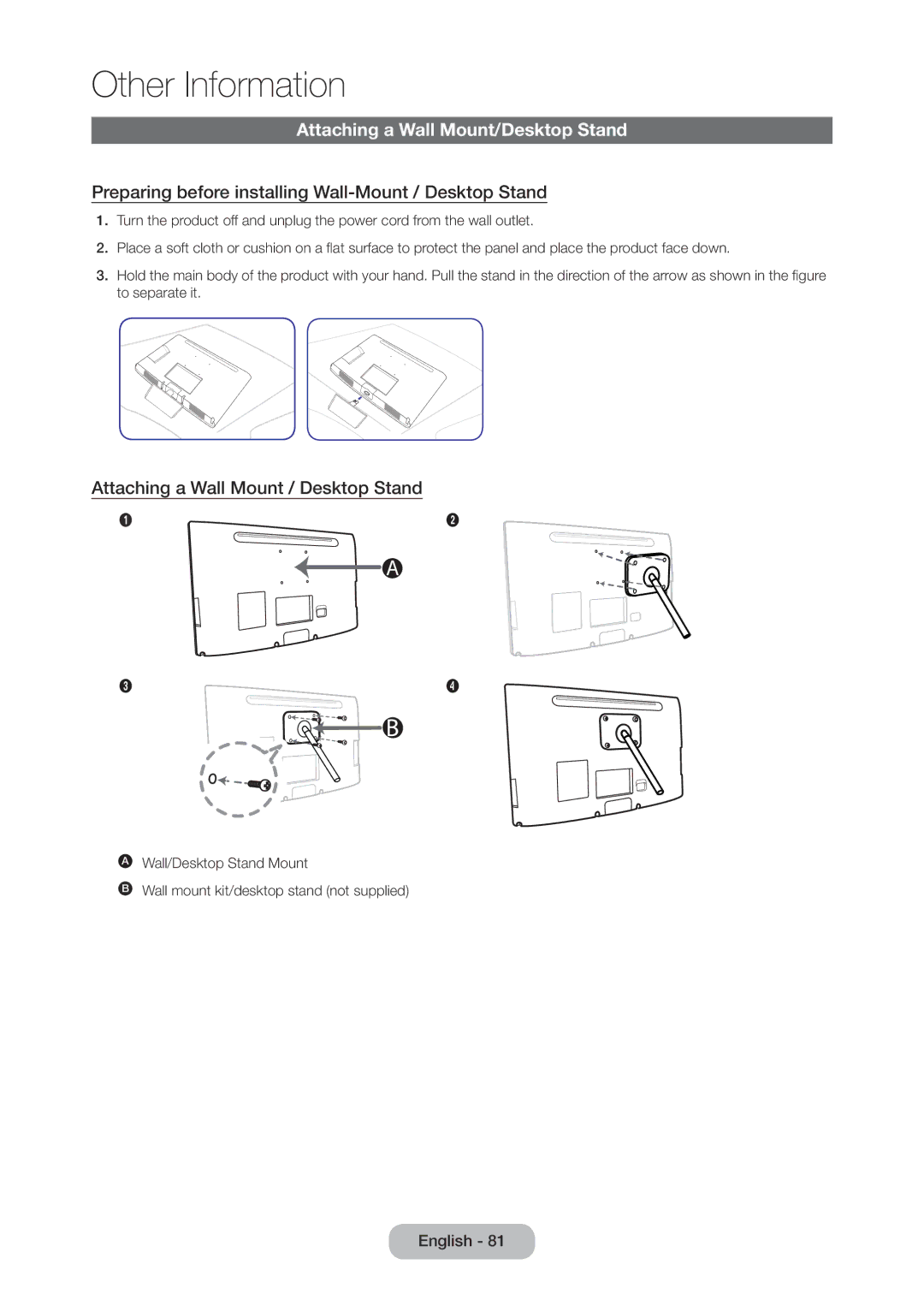 Samsung LT19C350EXQ/RU manual Attaching a Wall Mount/Desktop Stand, Preparing before installing Wall-Mount / Desktop Stand 