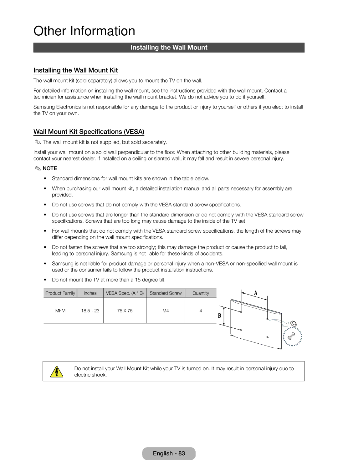 Samsung LT22C350EXQ/RU, LT19C350EXQ/RU, LT22C350EX/CI Installing the Wall Mount Kit, Wall Mount Kit Specifications Vesa 