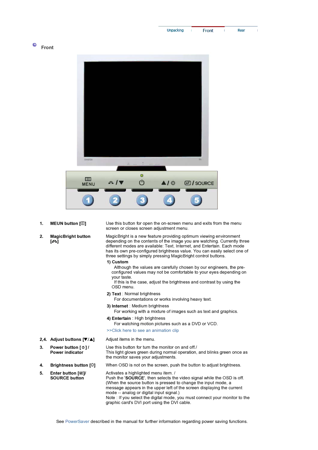 Samsung LT19GSBSS/EDC Front, Meun button MagicBright button Adjust buttons, Brightness button Enter button / Source button 