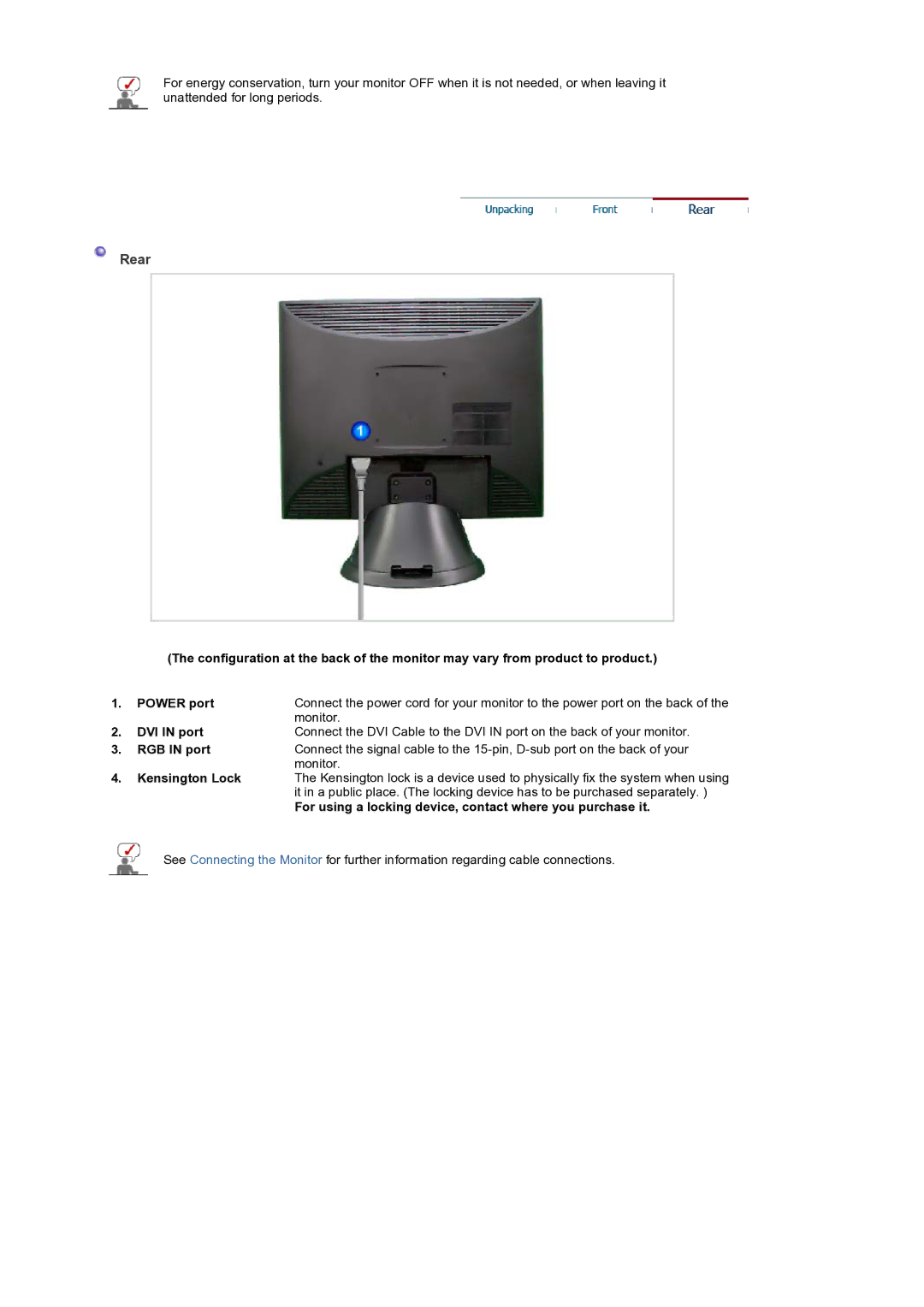 Samsung LT19GSBSSZ/EDC, LT19GSBSS/EDC manual Rear, DVI in port, RGB in port, Kensington Lock 