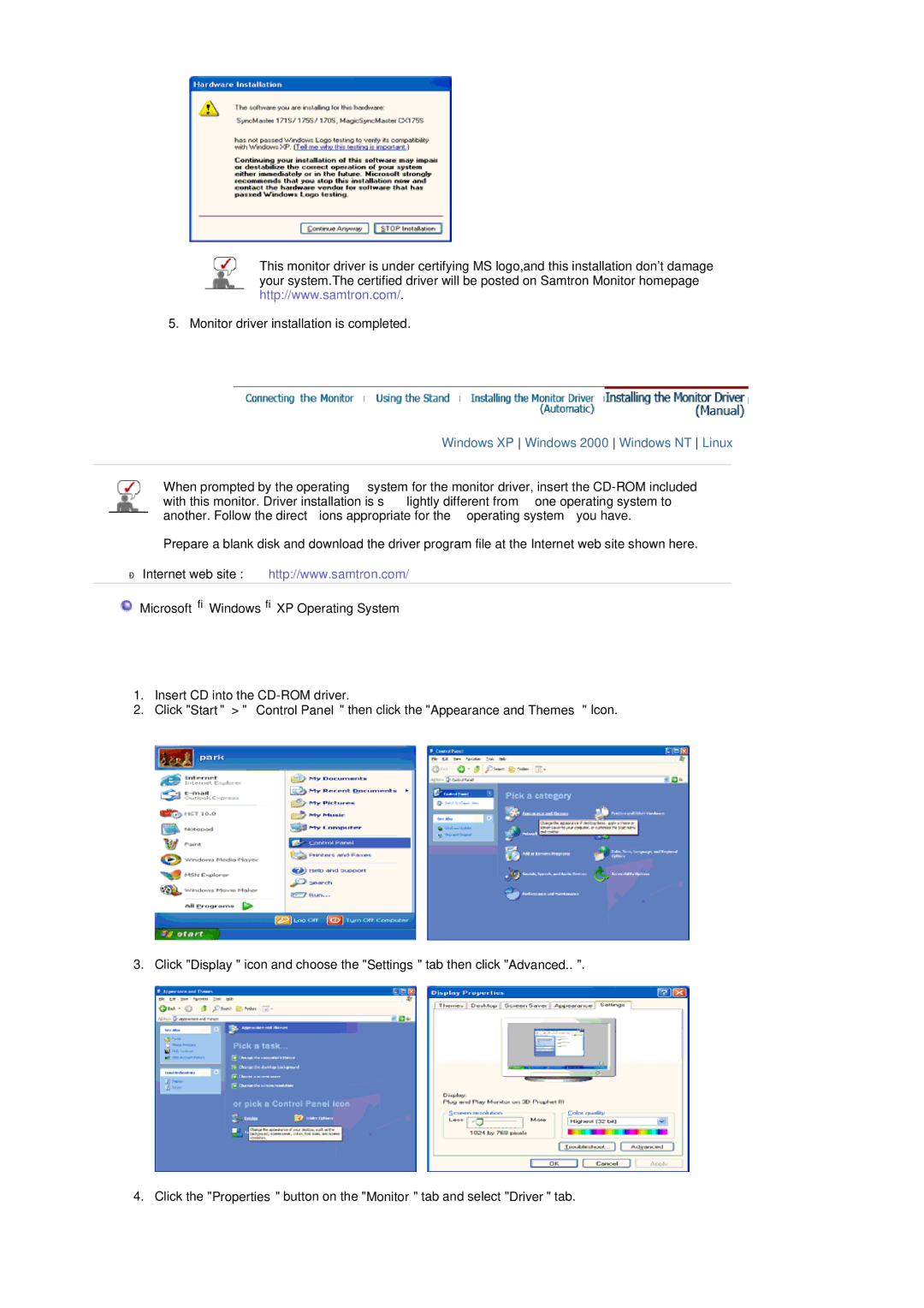 Samsung LT19GSBSS/EDC, LT19GSBSSZ/EDC manual Windows XP Windows 2000 Windows NT Linux, Microsoft Windows XP Operating System 