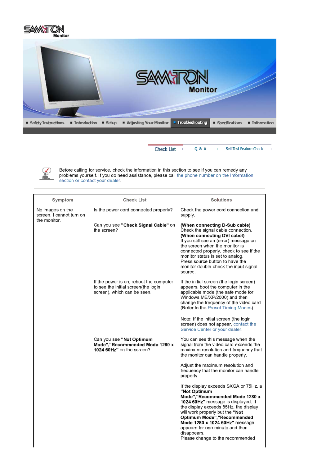 Samsung LT19GSBSSZ/EDC, LT19GSBSS/EDC manual Symptom, Check List, Can you see Check Signal Cable on the screen?, Solutions 