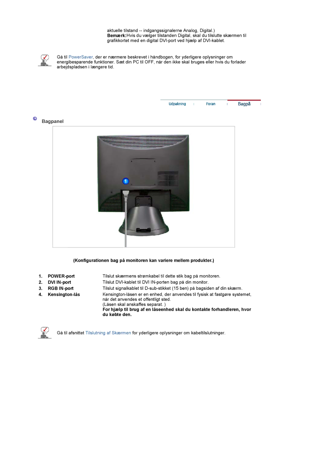 Samsung LT19GSBSSZ/EDC, LT19GSBSS/EDC manual Bagpanel, POWER-port, DVI IN-port, RGB IN-port, Kensington-lås 