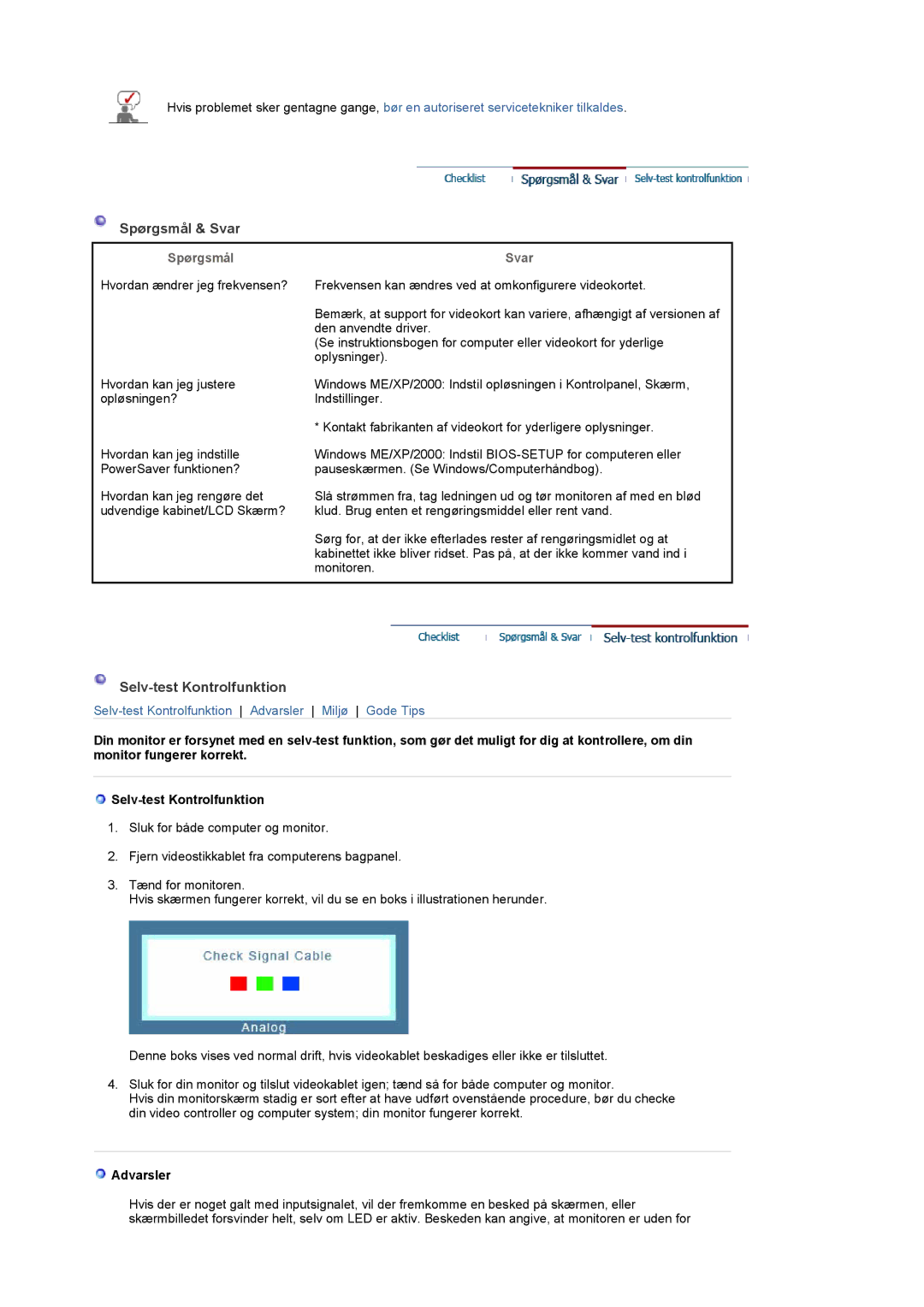 Samsung LT19GSBSSZ/EDC, LT19GSBSS/EDC manual Spørgsmål & Svar, Selv-test Kontrolfunktion, Advarsler 