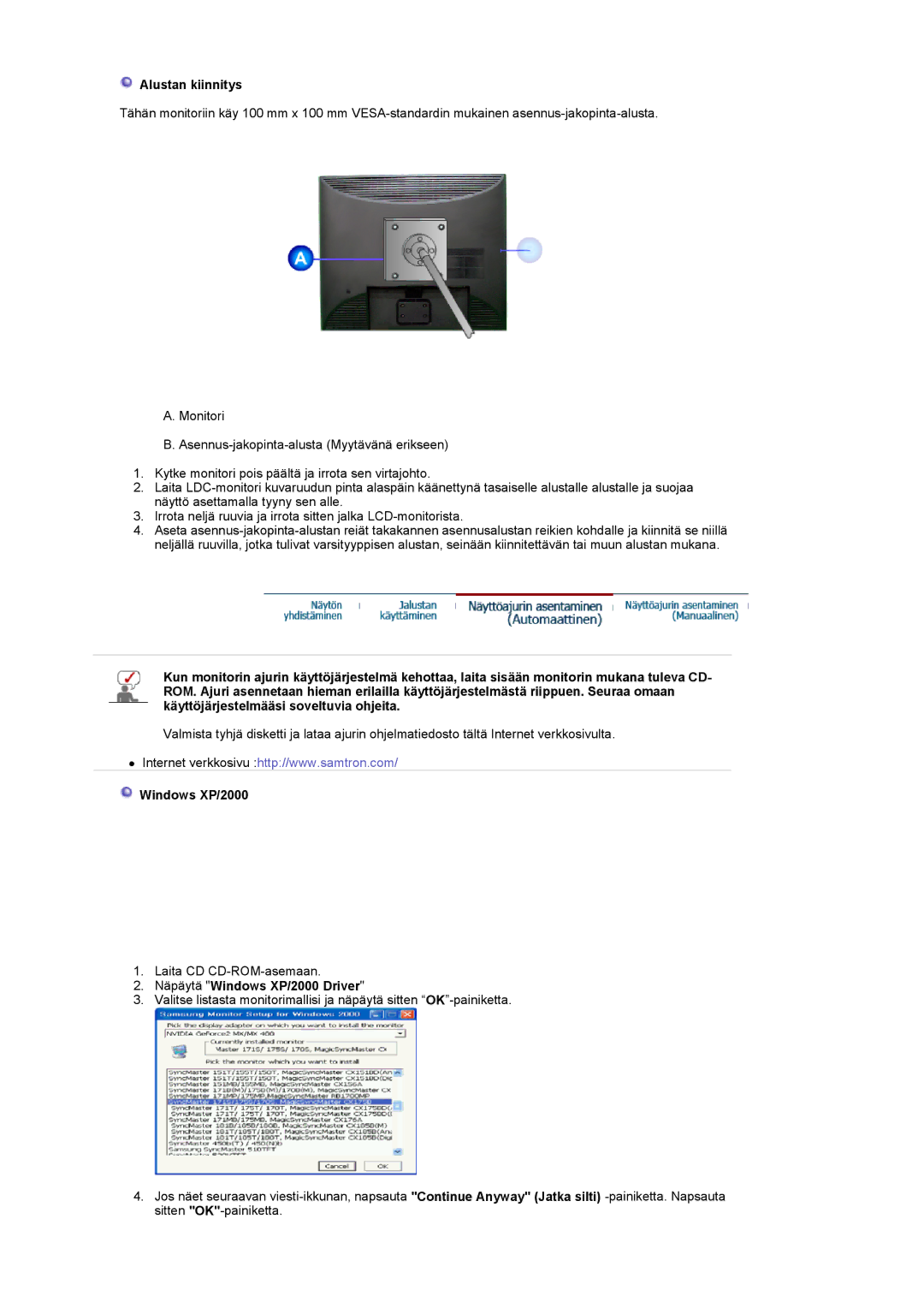 Samsung LT19GSBSSZ/EDC, LT19GSBSS/EDC manual Alustan kiinnitys, Näpäytä Windows XP/2000 Driver 