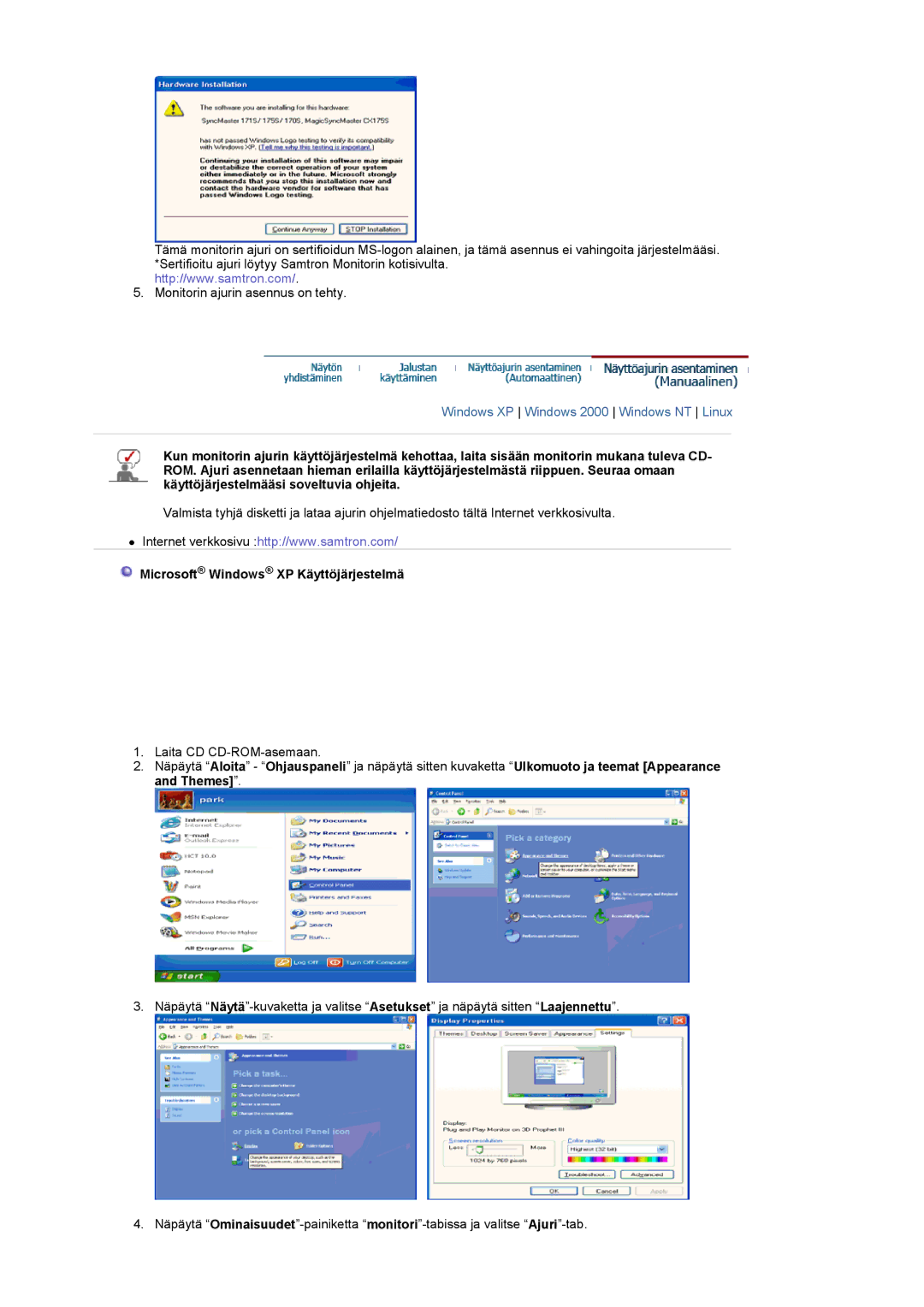 Samsung LT19GSBSS/EDC, LT19GSBSSZ/EDC manual Microsoft Windows XP Käyttöjärjestelmä 