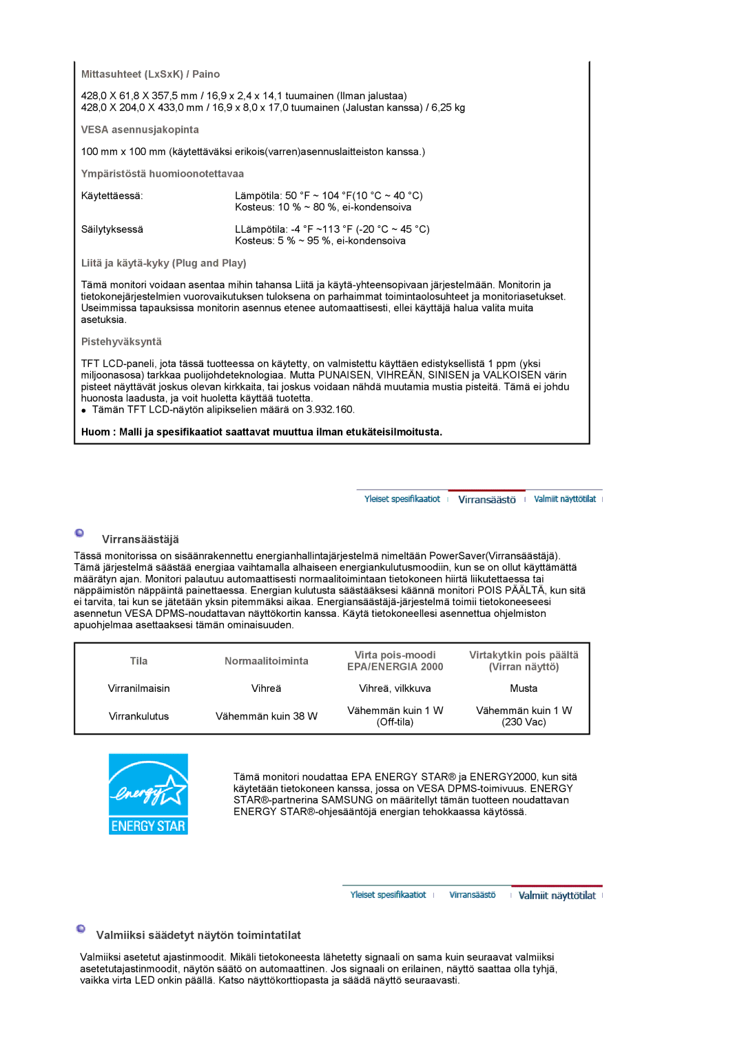 Samsung LT19GSBSS/EDC, LT19GSBSSZ/EDC manual Virransäästäjä, Valmiiksi säädetyt näytön toimintatilat 