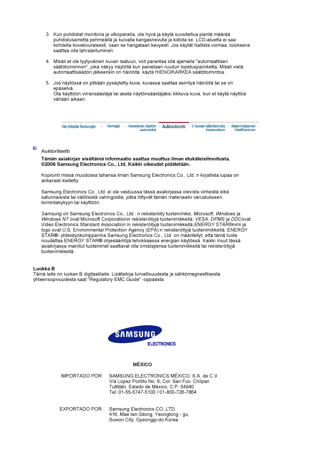 Samsung LT19GSBSSZ/EDC, LT19GSBSS/EDC manual Auktoriteetti, Luokka B 