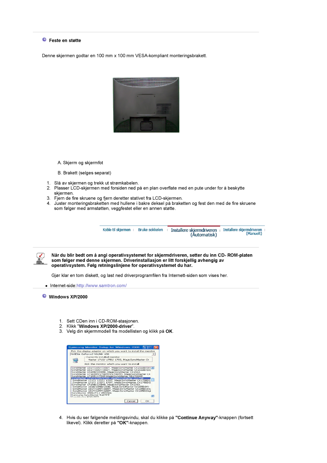 Samsung LT19GSBSSZ/EDC, LT19GSBSS/EDC manual Feste en støtte, Klikk Windows XP/2000-driver 