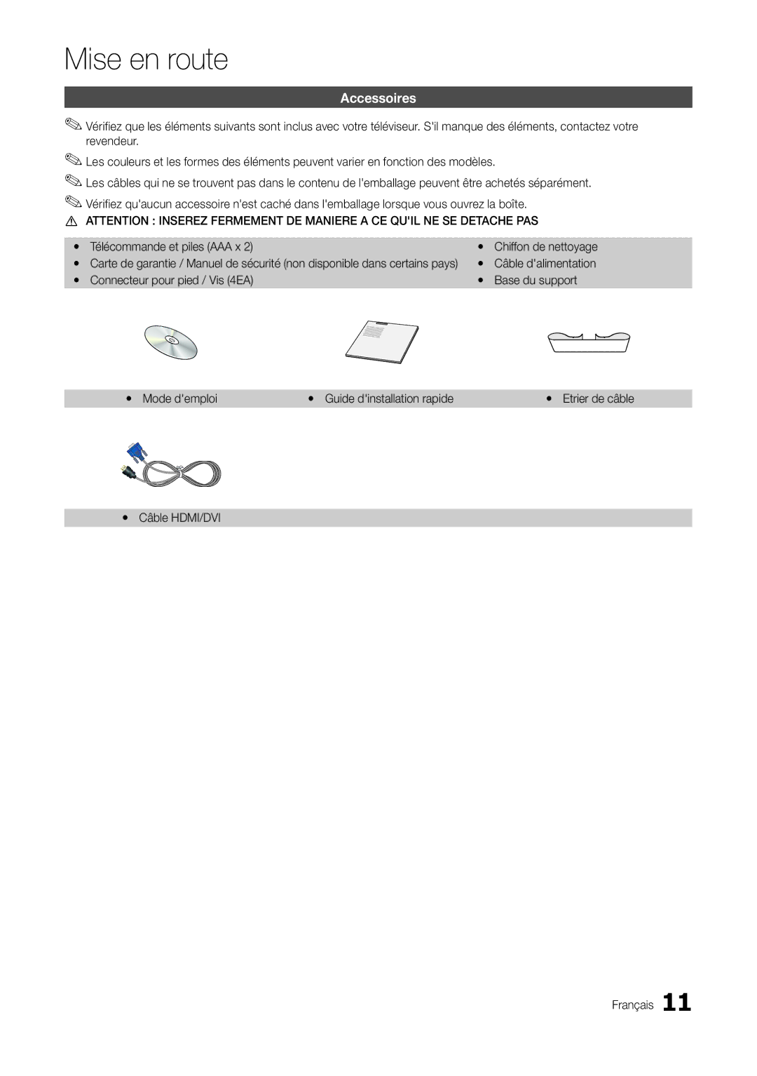 Samsung LT27A300EW/EN, LT22A300EW/EN manual Accessoires, Câble HDMI/DVI Français, Chiffon de nettoyage, Etrier de câble 