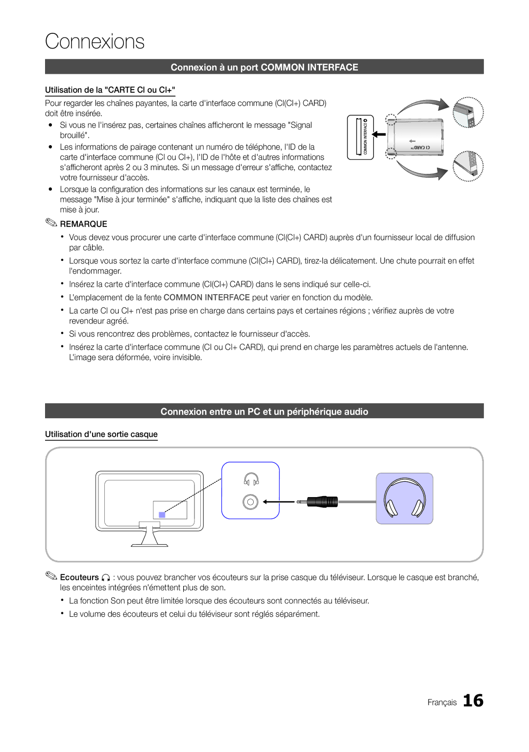 Samsung LT22A300EW/EN, LT27A300EW/EN Connexion à un port Common Interface, Connexion entre un PC et un périphérique audio 