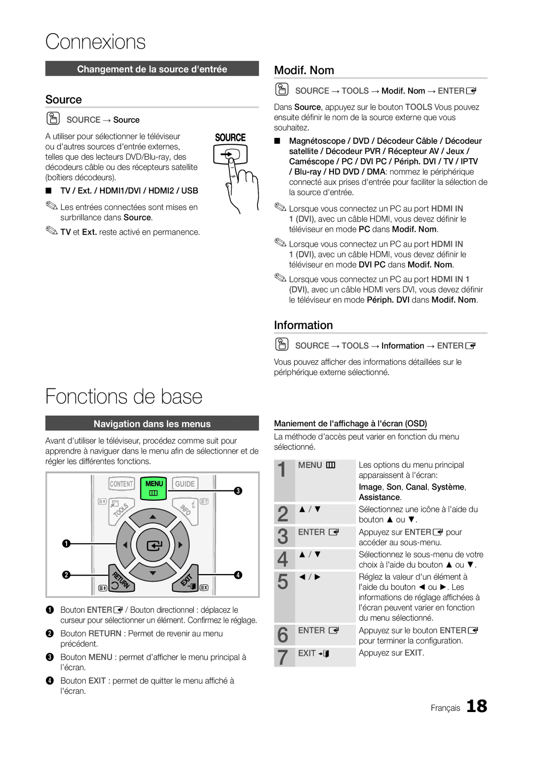 Samsung LT22A300EW/EN, LT27A300EW/EN manual Fonctions de base, Source, Modif. Nom, Information 