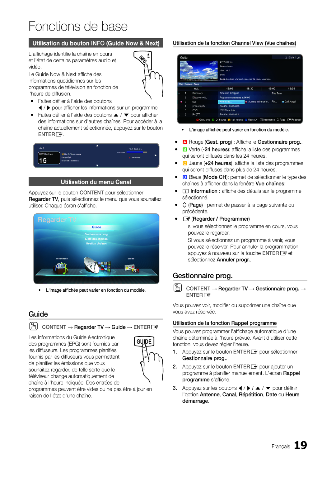 Samsung LT27A300EW/EN manual Gestionnaire prog, Utilisation du bouton Info Guide Now & Next, Utilisation du menu Canal 