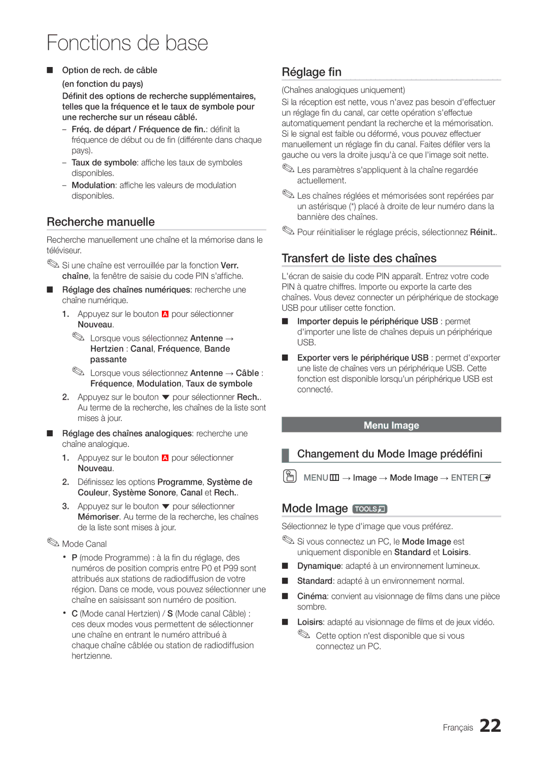 Samsung LT22A300EW/EN, LT27A300EW/EN manual Recherche manuelle, Réglage fin, Transfert de liste des chaînes, Mode Image t 