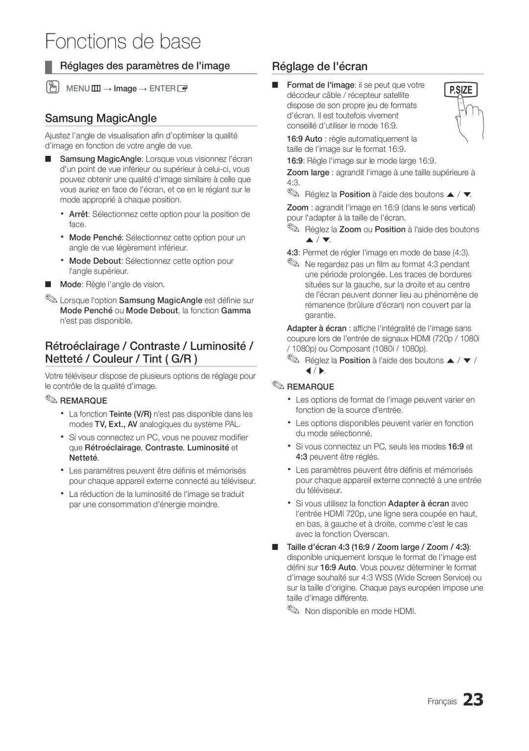 Samsung LT27A300EW/EN, LT22A300EW/EN manual Samsung MagicAngle, Réglage de lécran, Réglages des paramètres de limage 