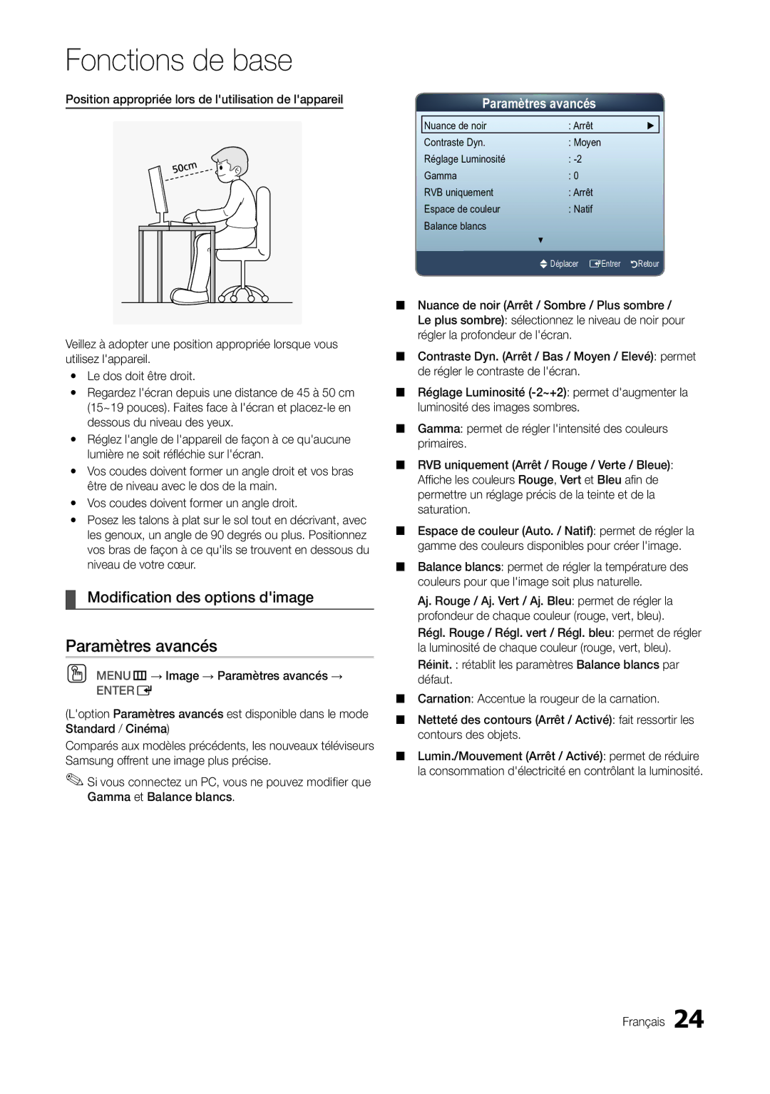 Samsung LT22A300EW/EN, LT27A300EW/EN manual Modification des options dimage, OO MENUm→ Image → Paramètres avancés → 