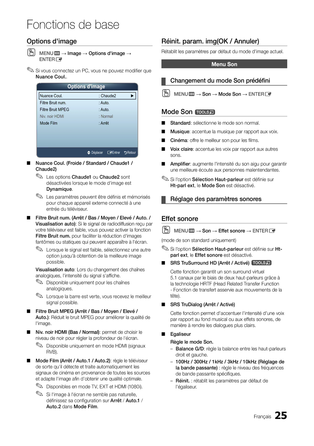 Samsung LT27A300EW/EN, LT22A300EW/EN manual Options dimage, Réinit. param. imgOK / Annuler, Mode Son t, Effet sonore 