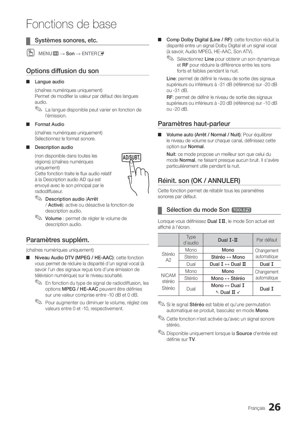 Samsung LT22A300EW/EN Options diffusion du son, Paramètres supplém, Paramètres haut-parleur, Réinit. son OK / Annuler 