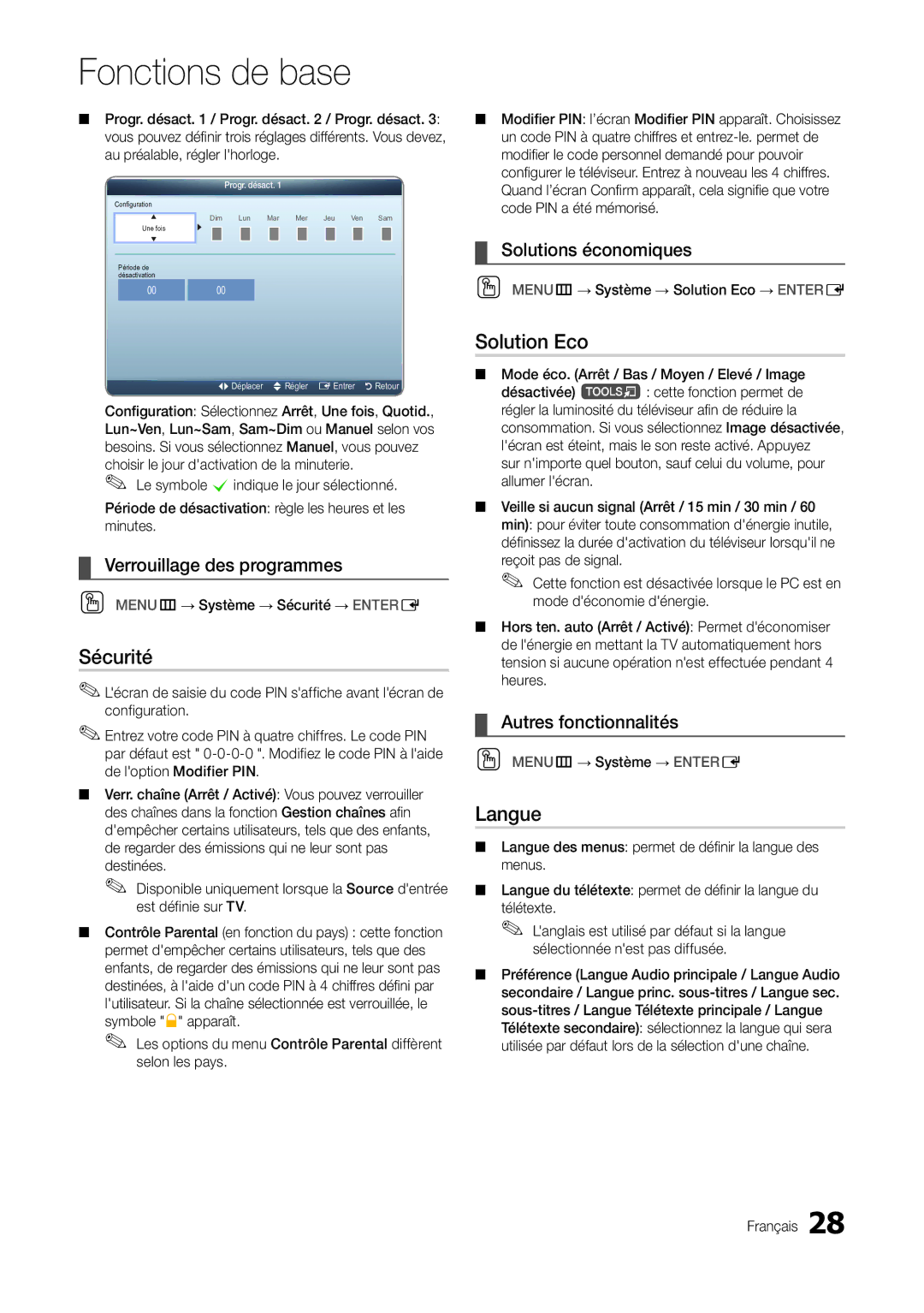 Samsung LT22A300EW/EN, LT27A300EW/EN manual Sécurité, Solution Eco, Langue 