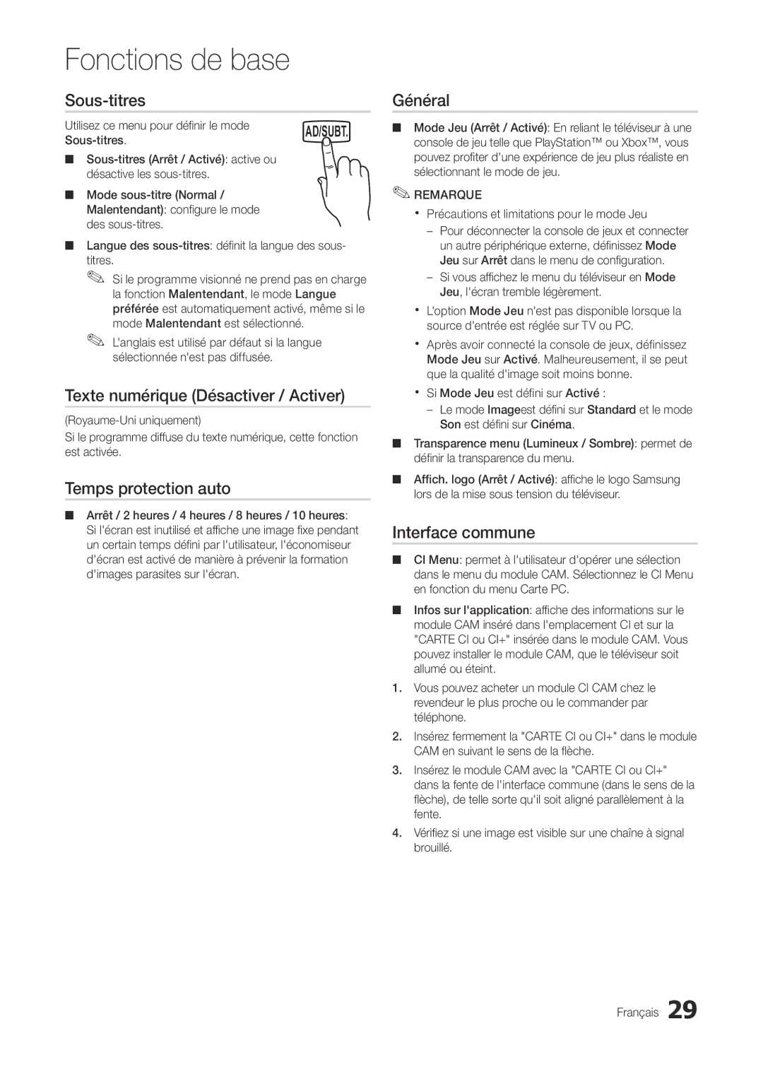 Samsung LT27A300EW/EN Sous-titres, Texte numérique Désactiver / Activer, Temps protection auto, Général, Interface commune 