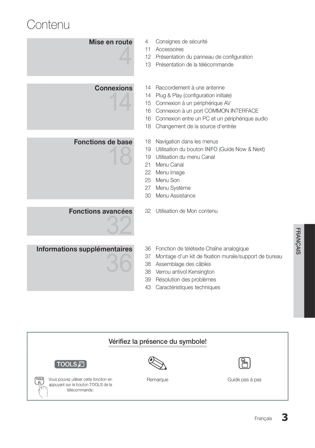 Samsung LT27A300EW/EN, LT22A300EW/EN manual Contenu, Vérifiez la présence du symbole, Remarque, Guide pas à pas 