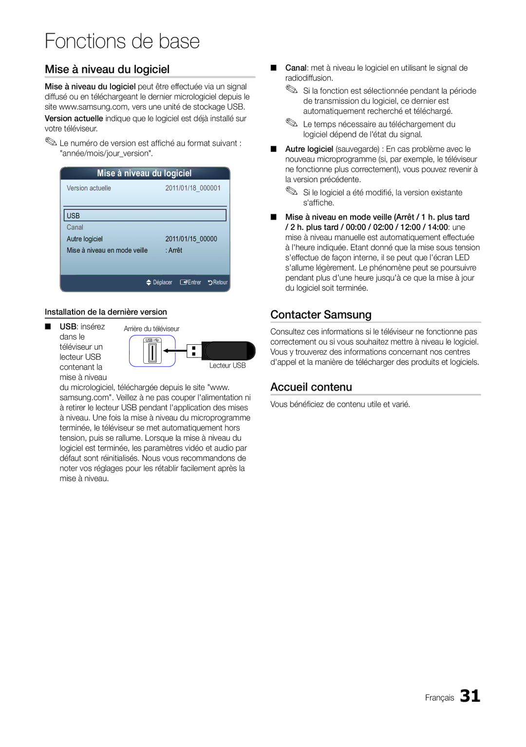 Samsung LT27A300EW/EN, LT22A300EW/EN manual Mise à niveau du logiciel, Contacter Samsung, Accueil contenu 