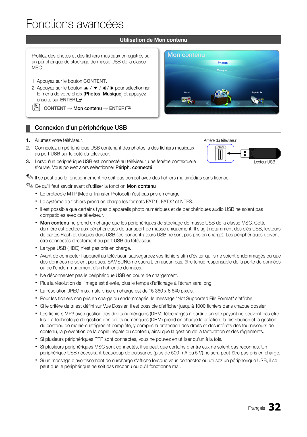 Samsung LT22A300EW/EN, LT27A300EW/EN manual Fonctions avancées, Connexion dun périphérique USB, Utilisation de Mon contenu 