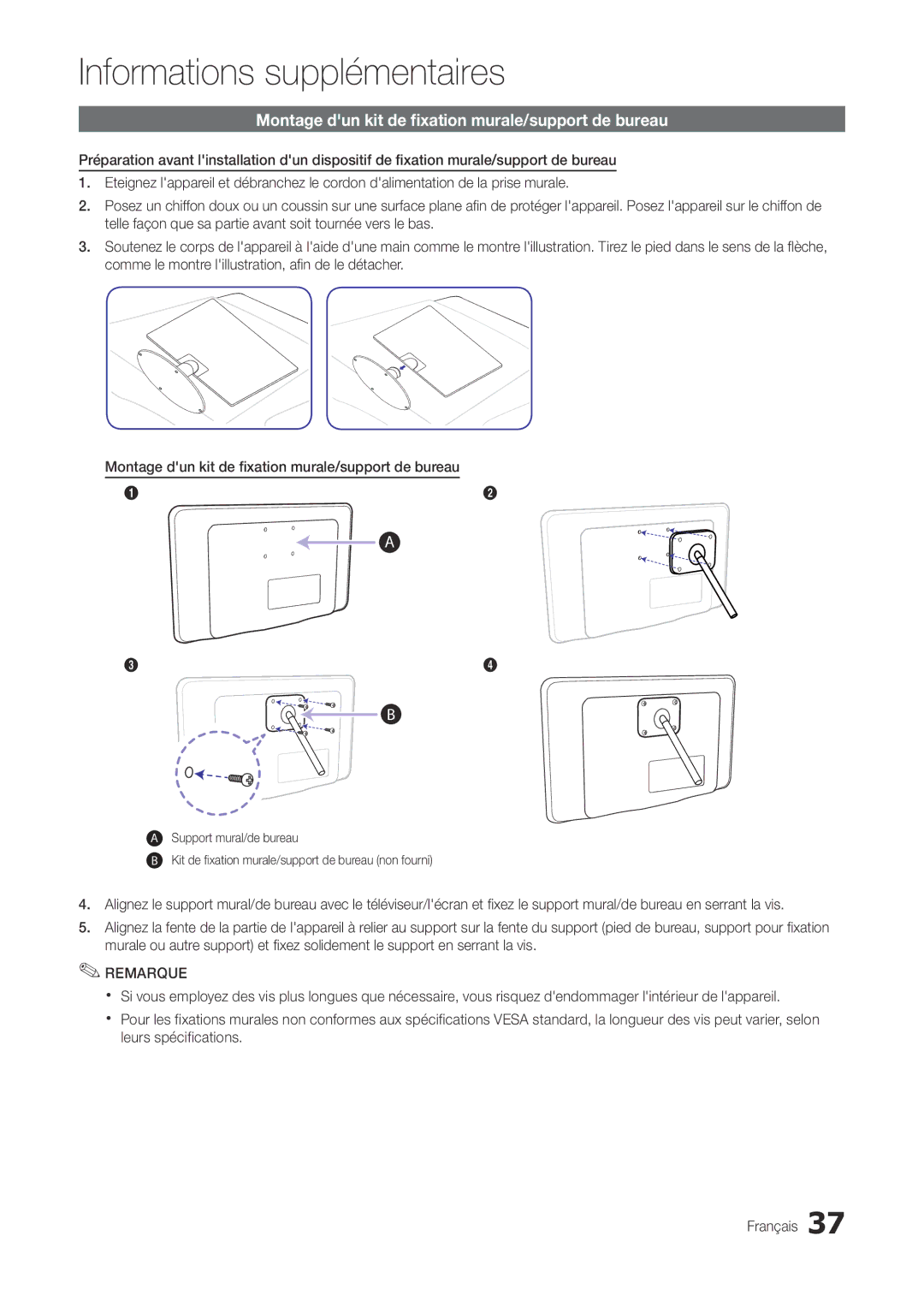 Samsung LT27A300EW/EN, LT22A300EW/EN manual Montage dun kit de fixation murale/support de bureau 