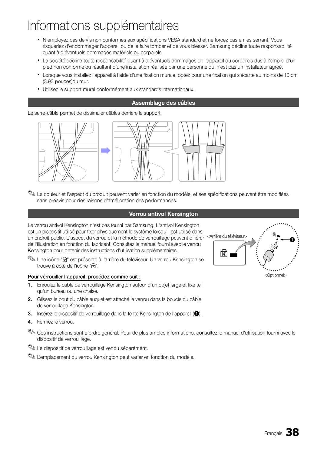 Samsung LT22A300EW/EN, LT27A300EW/EN manual Assemblage des câbles, Verrou antivol Kensington, Optionnel 