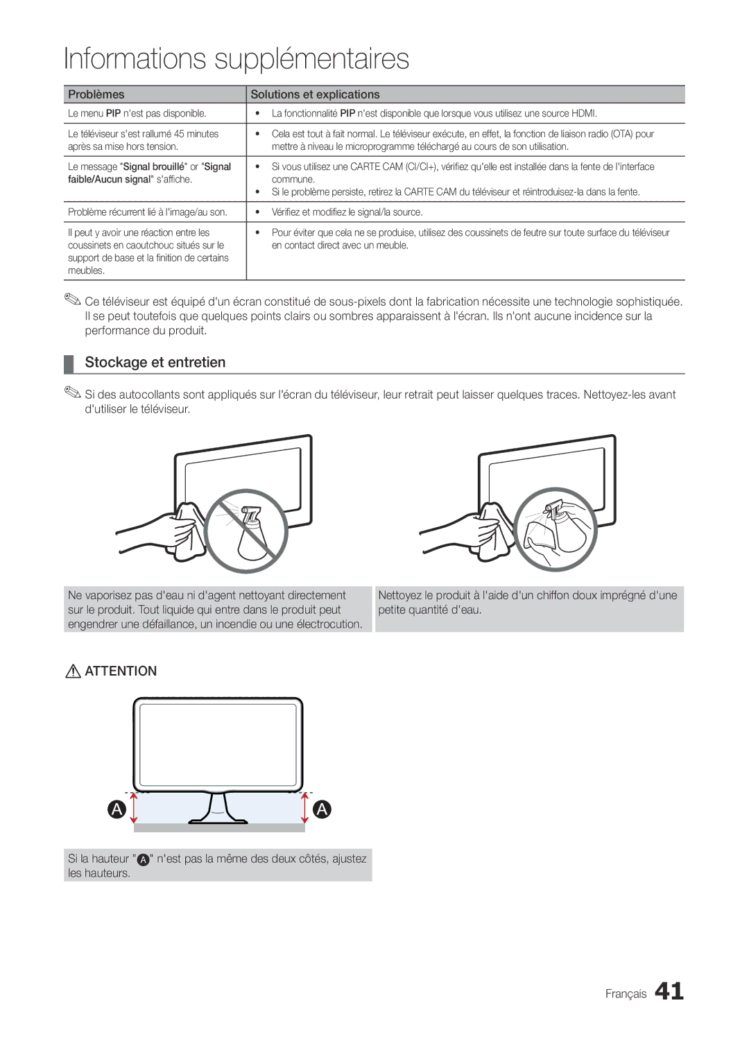 Samsung LT27A300EW/EN, LT22A300EW/EN manual Stockage et entretien, Nest pas la même des deux côtés, ajustez Français 