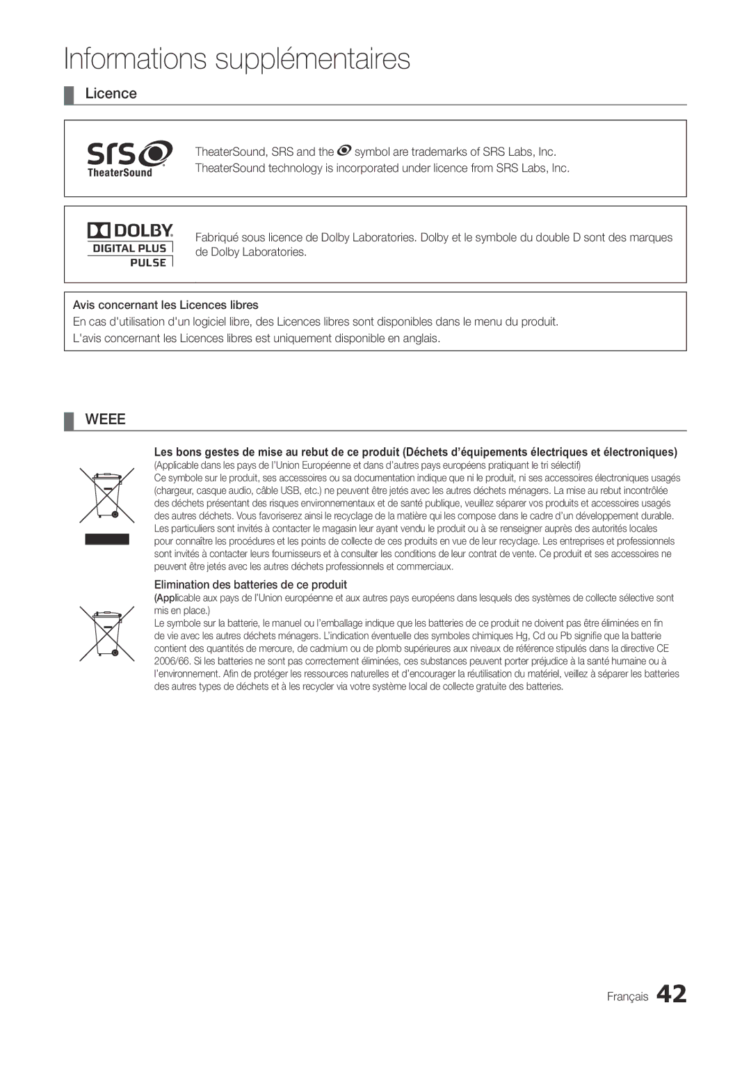 Samsung LT22A300EW/EN, LT27A300EW/EN manual Licence, Elimination des batteries de ce produit 