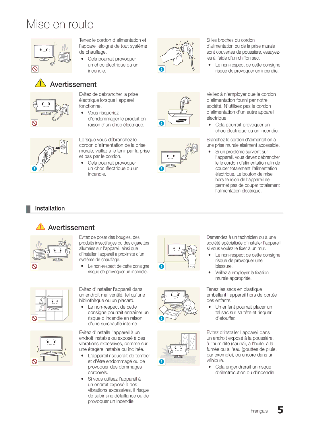 Samsung LT27A300EW/EN, LT22A300EW/EN manual Installation, Incendie, Cela pourrait provoquer un choc électrique ou un 