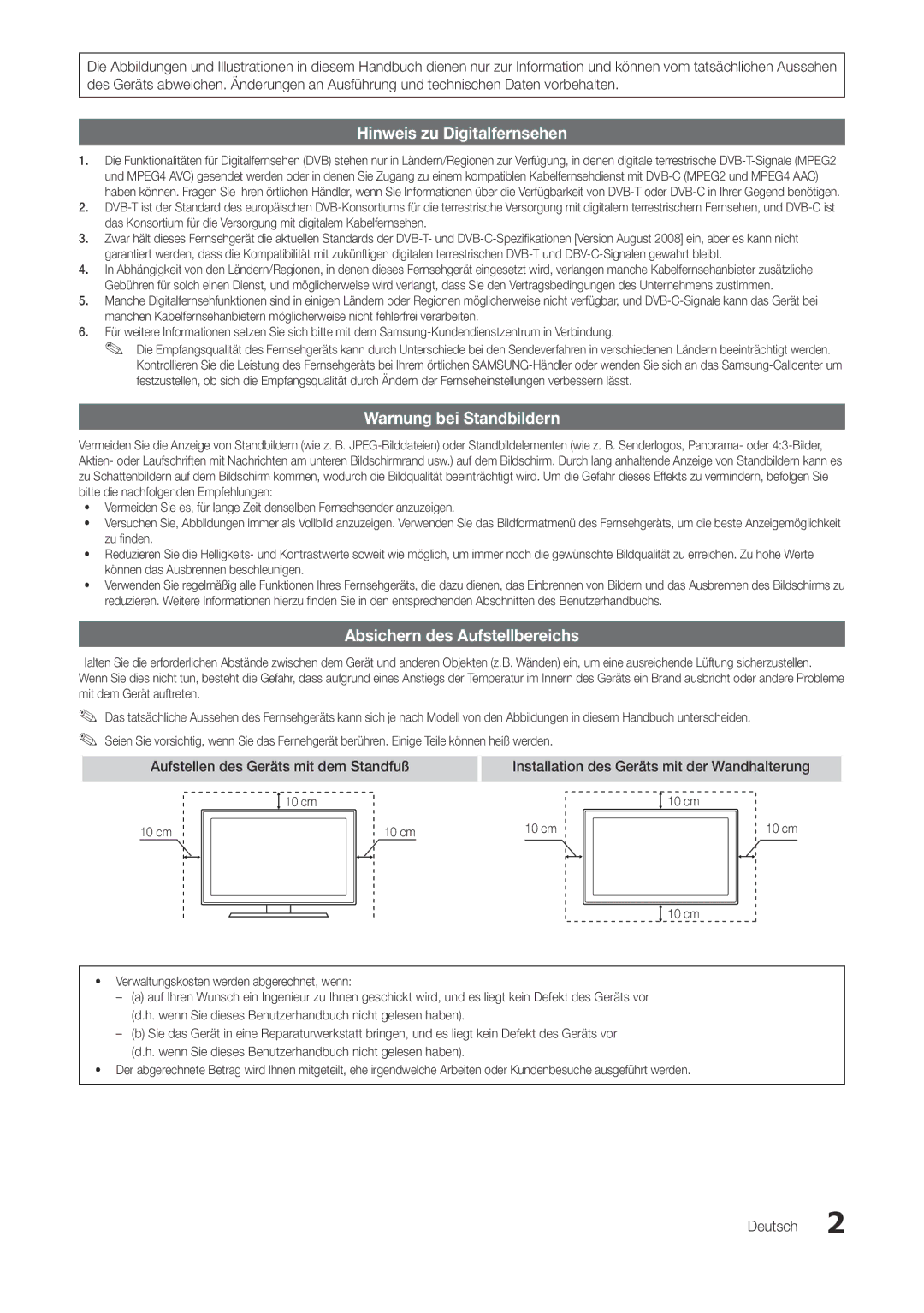 Samsung LT22A300EW/EN manual Absichern des Aufstellbereichs, Aufstellen des Geräts mit dem Standfuß, Deutsch, 10 cm 